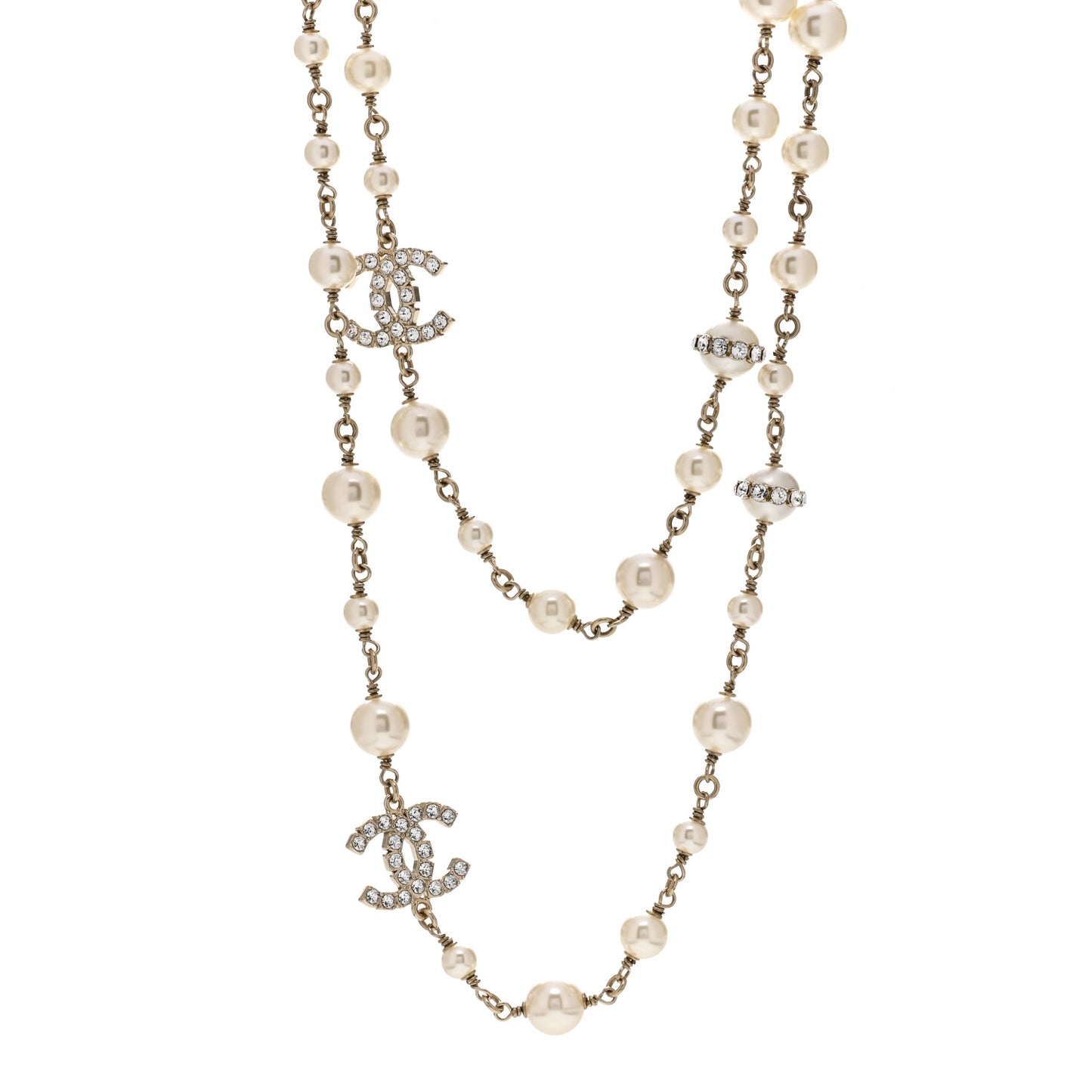 Crystal Pearl CC Long Necklace Gold