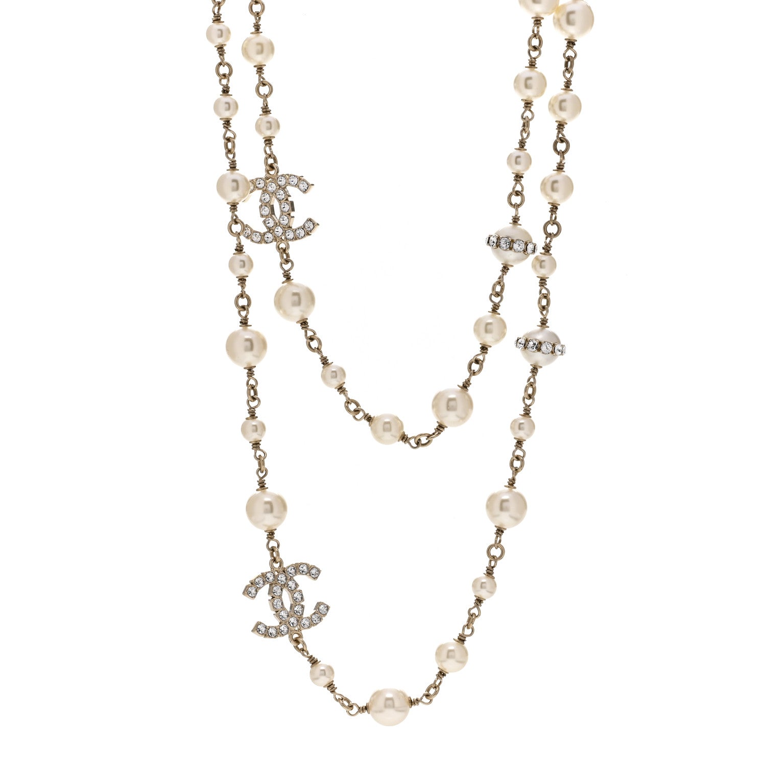 Chanel Crystal Pearl CC Long Necklace Gold 1 of 3