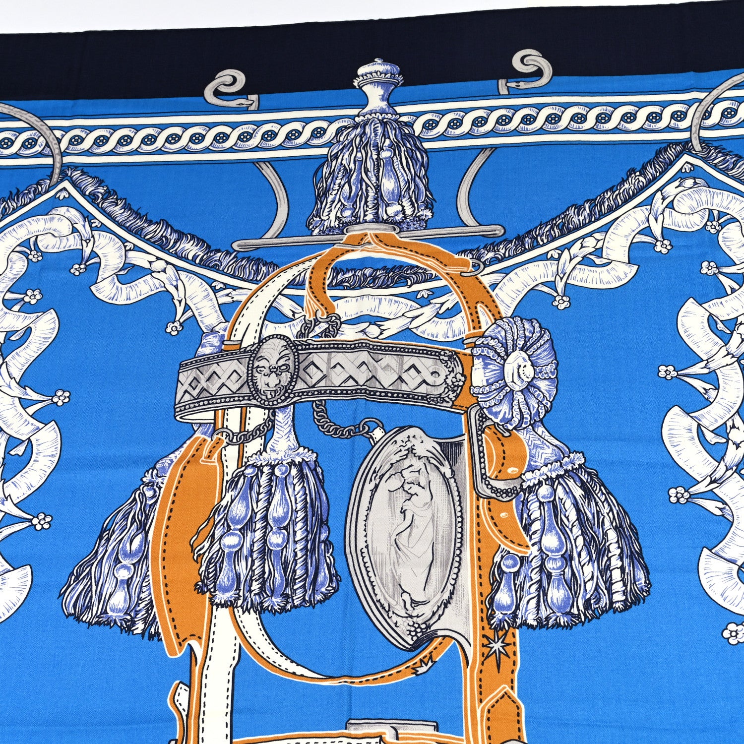 Hermes Cashmere Silk Bride De Cour Remix Shawl 140 Bleu Marine Cobalt Gold 3 of 5