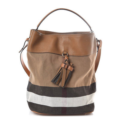 Burberry Grainy Calfskin Canvas Mega Check Medium Ashby Tassel Hobo Saddle Brown 1 of 12