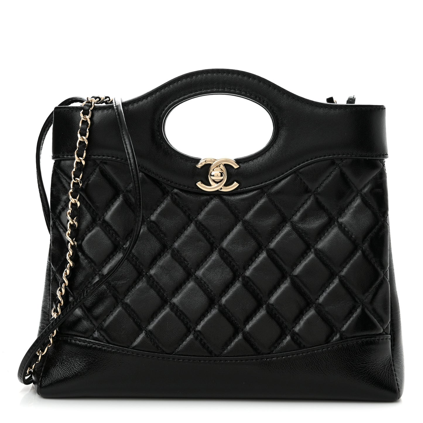 Shiny Lambskin Quilted Mini 31 Shopping Bag Black