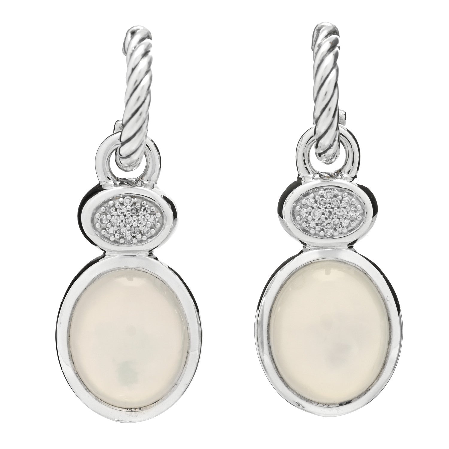 David Yurman Sterling Silver Mother of Pearl Diamond Cable Drop Earrings 1 of 4