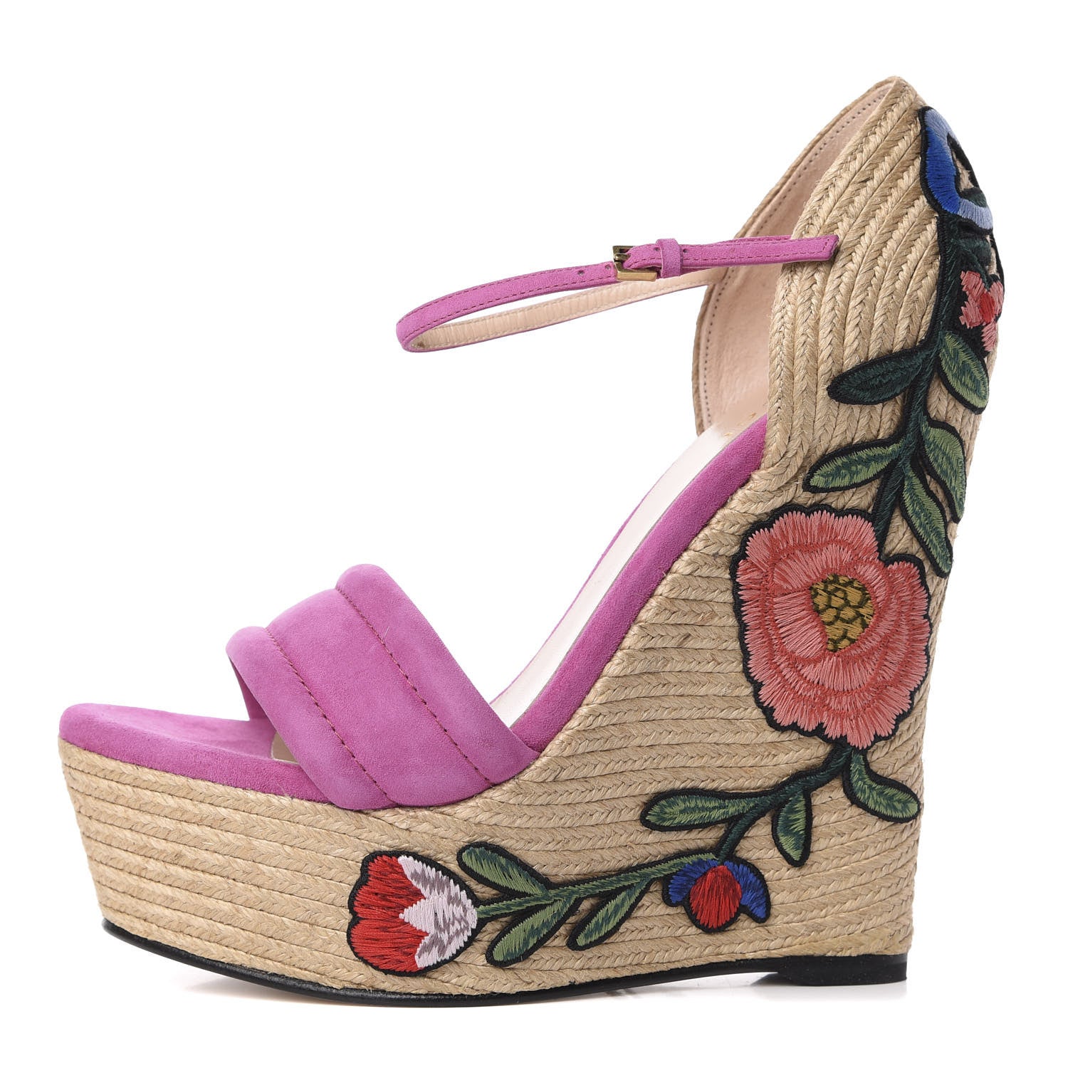 Gucci Kid Scamosciato Ophelia Espadrille Platform Wedge Sandals 38 Rododendro 1 of 9