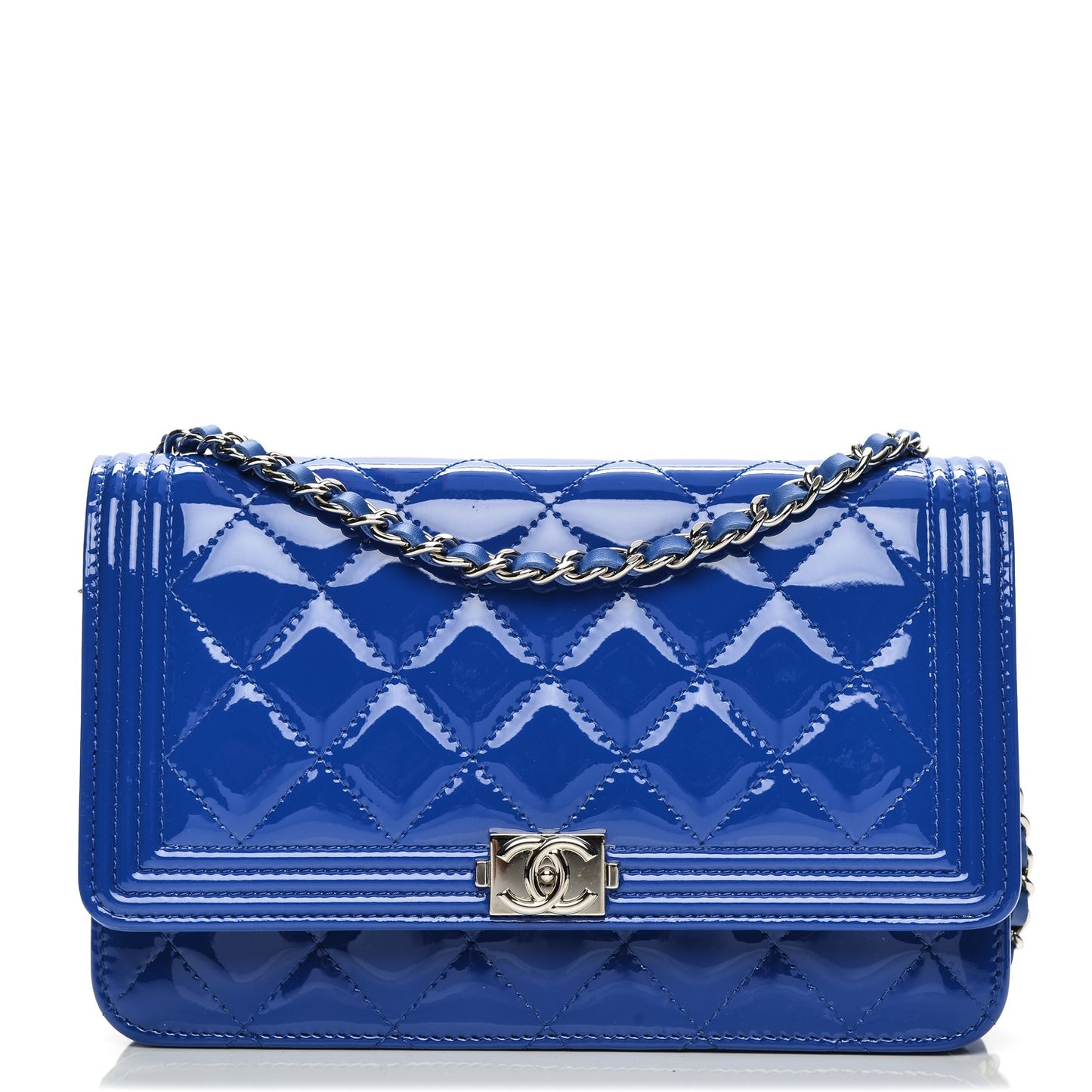 Patent Calfskin Quilted Boy Wallet On Chain WOC Dark Blue