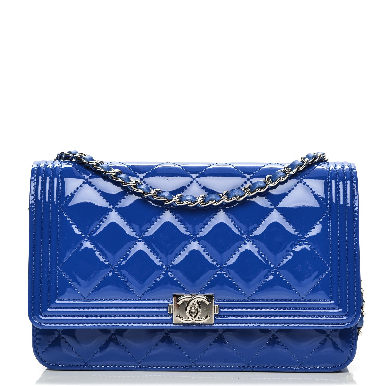 Chanel Patent Calfskin Quilted Boy Wallet On Chain WOC Dark Blue 1 of 9