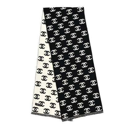 Chanel Wool Cashmere CC Scarf Black White 2 of 3