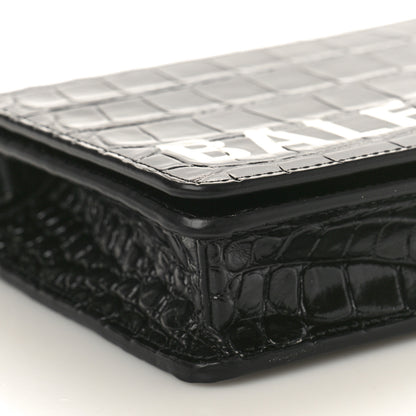 Balenciaga Shiny Calfskin Logo Crocodile Embossed Ville Wallet on Chain Black 9 of 13