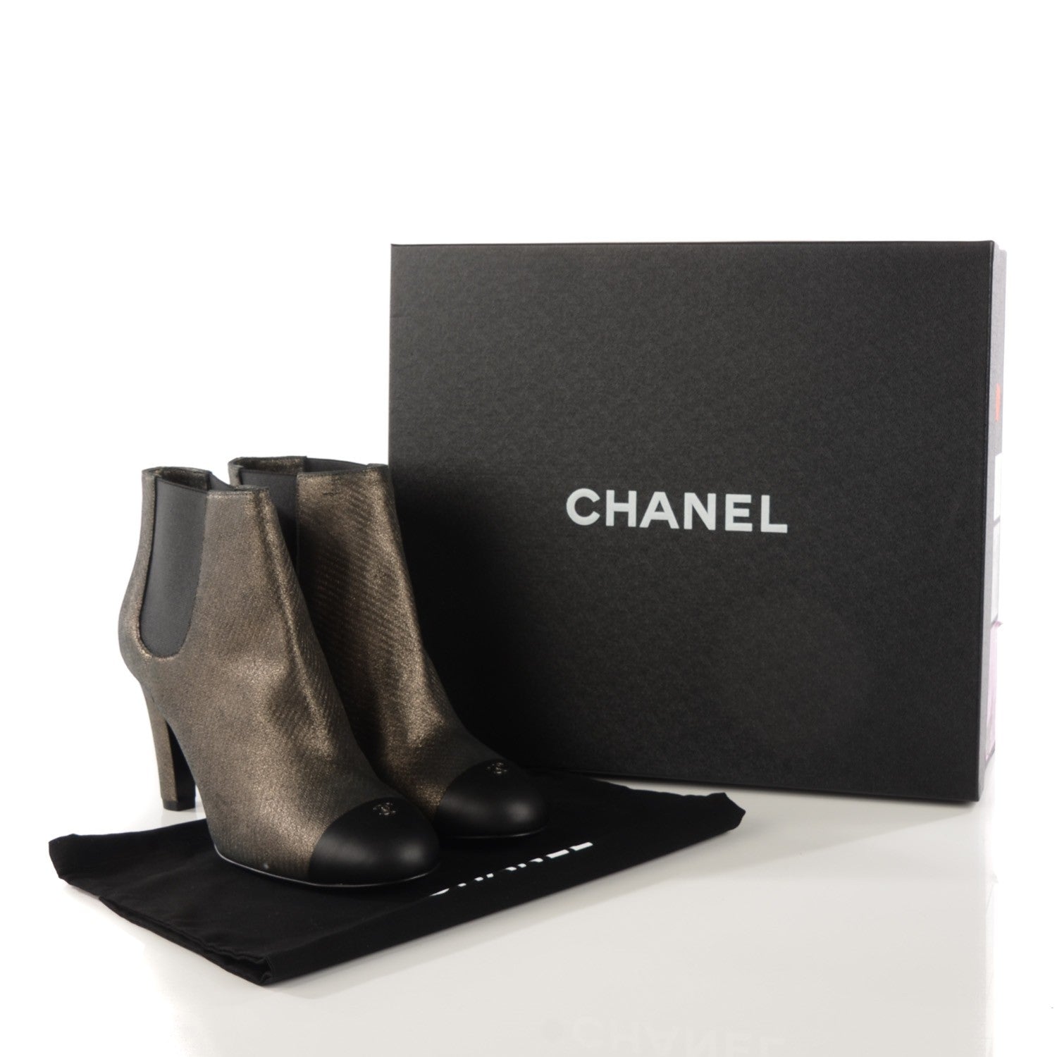 Chanel Metallic Lambskin CC Cap Toe Ankle Boots 38.5 Argent Fonce Black 11 of 15