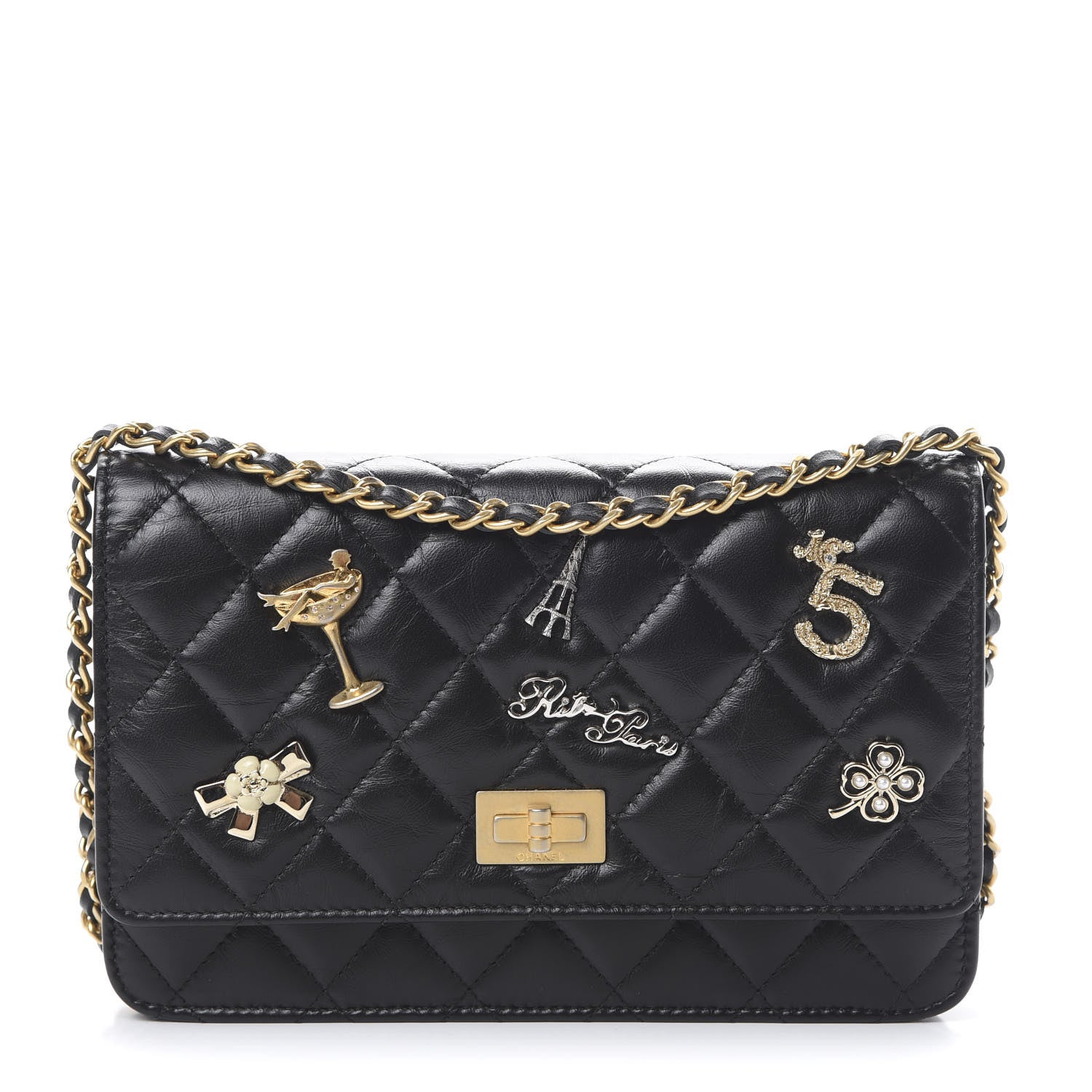 Chanel Aged Calfskin Quilted Lucky Charms 2.55 Reissue Wallet On Chain WOC Black 1 of 13