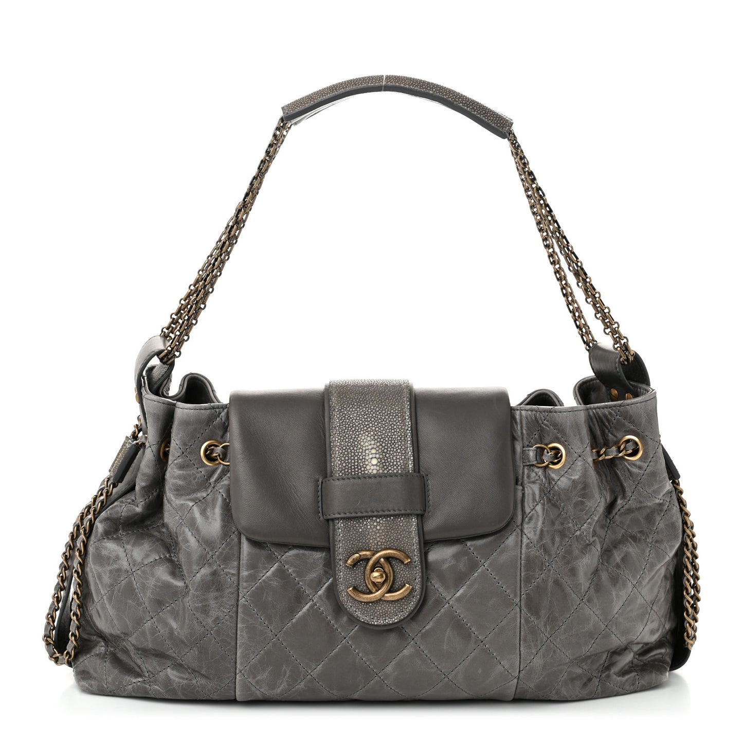 Glazed Calfskin Stingray Bindi CC Accordion Tote Grey