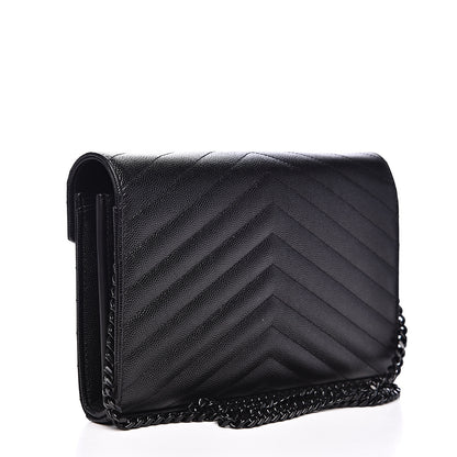 Saint Laurent Grain De Poudre Matelasse Chevron Monogram Chain Wallet Black 3 of 8