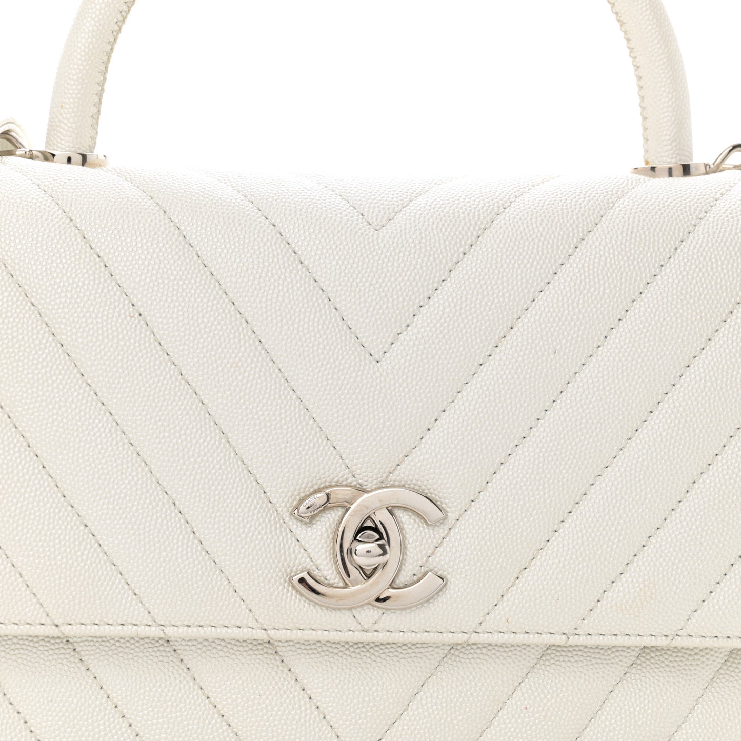 Iridescent Caviar Chevron Quilted Small Coco Handle Flap White