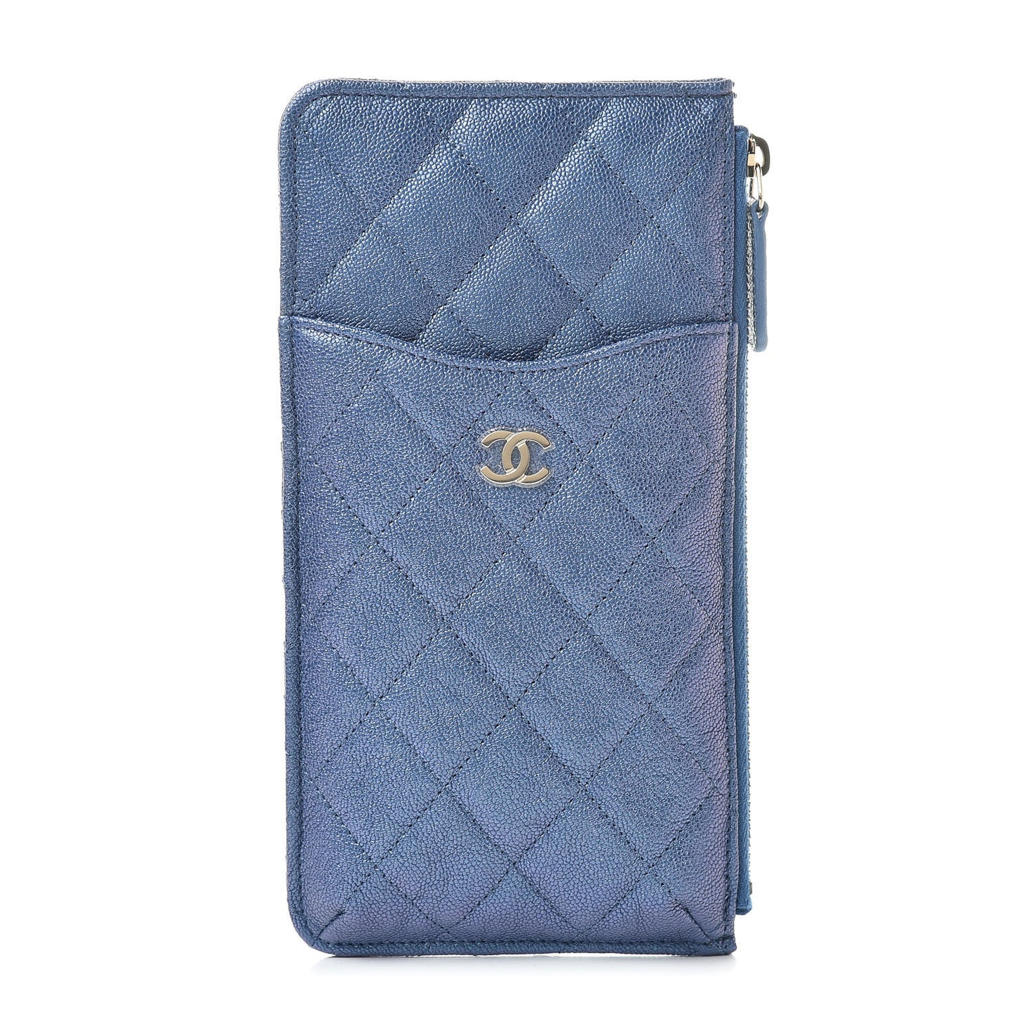Iridescent Caviar Quilted Classic Flat Wallet Pouch Dark Blue