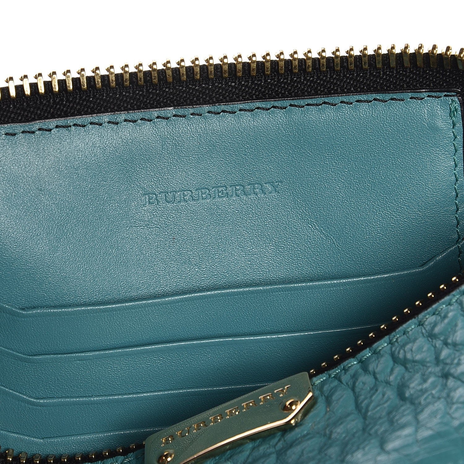 Burberry Signature Grain Calfskin Check Embossed Peyton Crossbody Clutch Bag Aqua Green 6 of 9