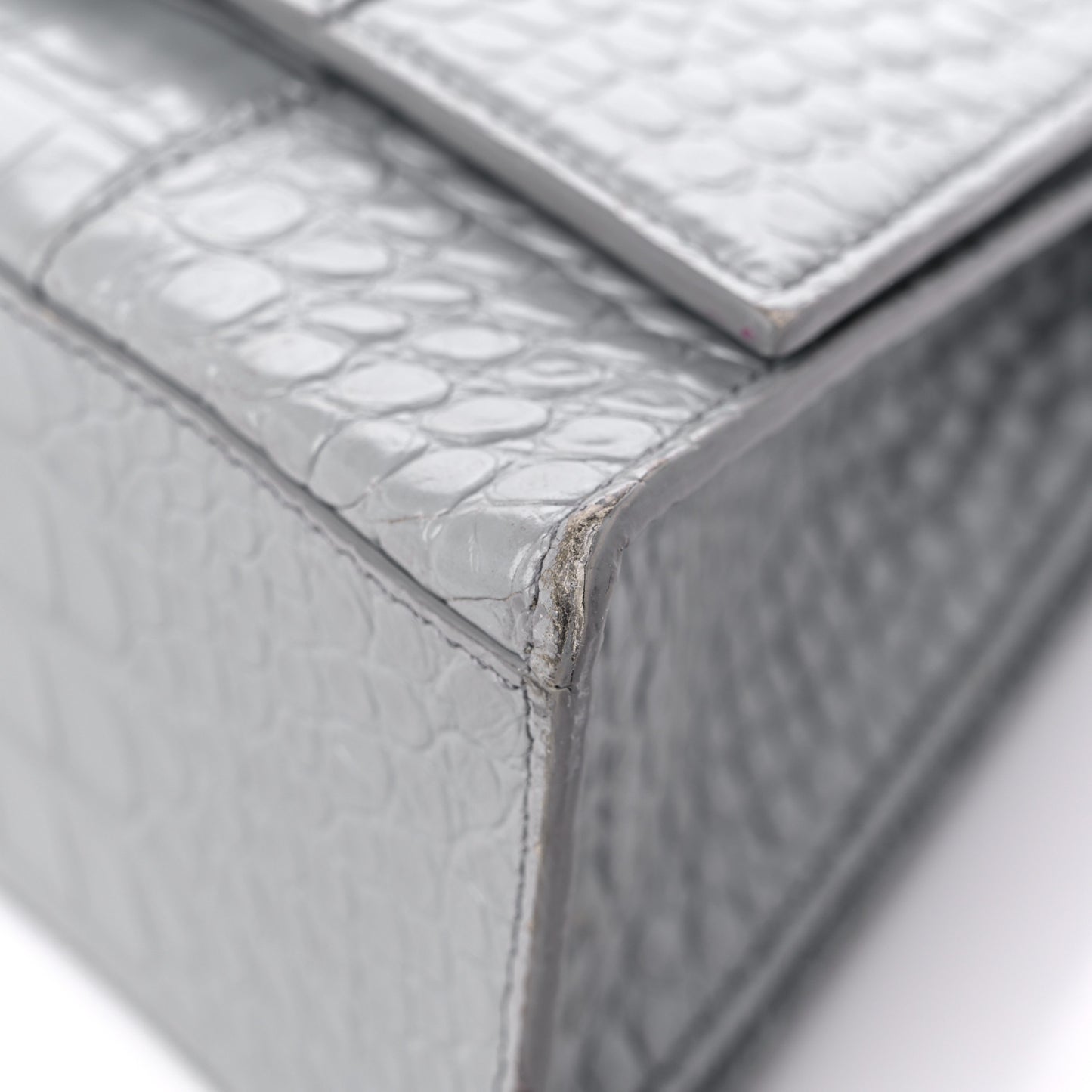Shiny Calfskin Crocodile Embossed Medium Hourglass Top Handle Bag Balenciaga Grey