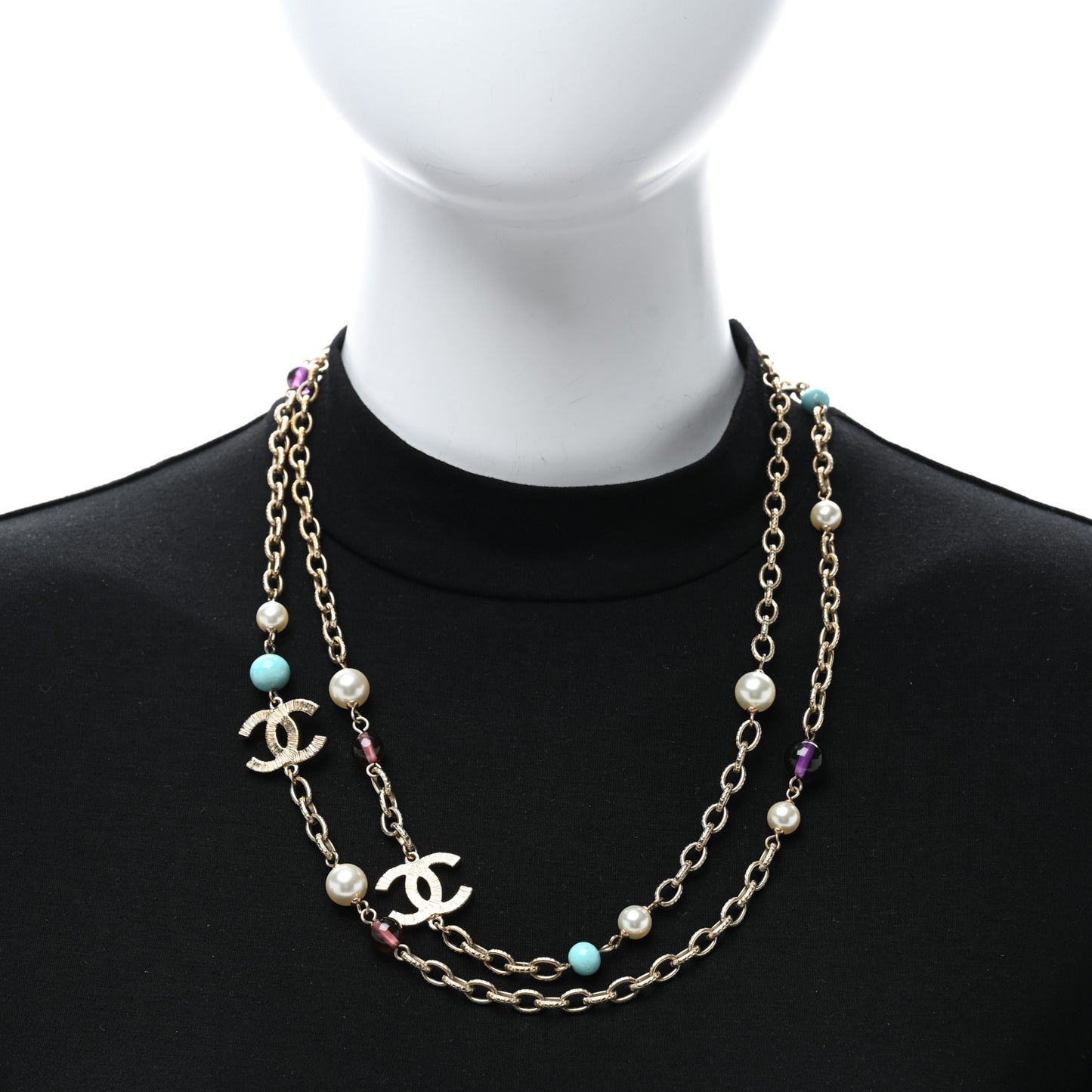Beaded Pearl Glass CC Necklace Gold Multicolor