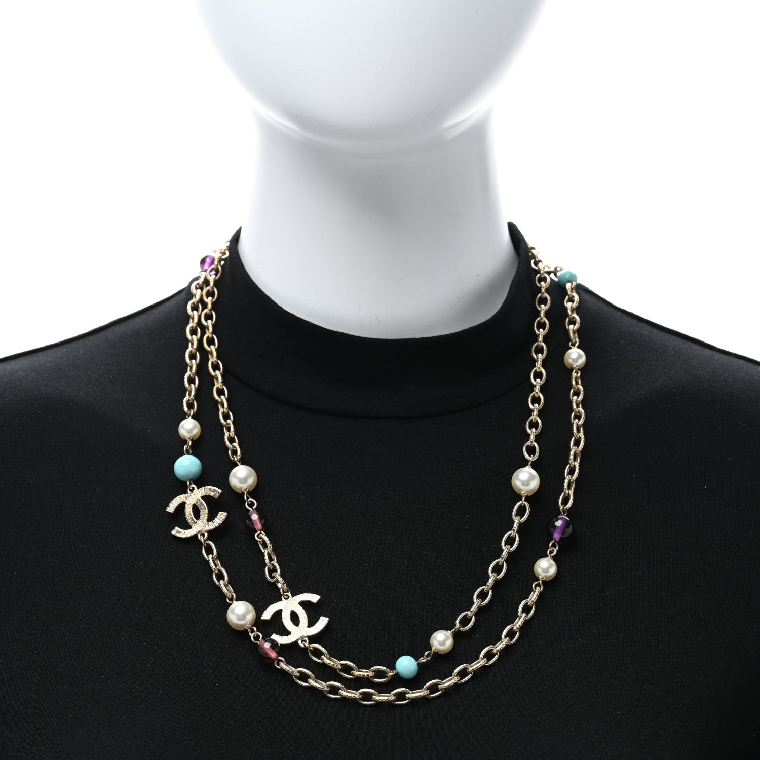 Chanel Beaded Pearl Glass CC Necklace Gold Multicolor 3 of 4