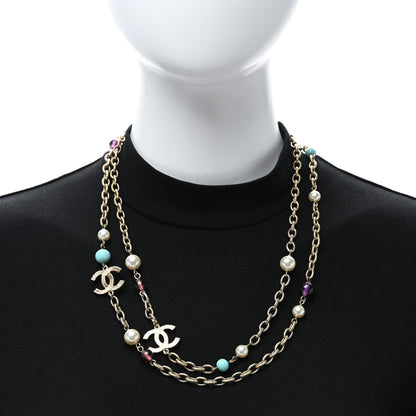 Chanel Beaded Pearl Glass CC Necklace Gold Multicolor 3 of 4