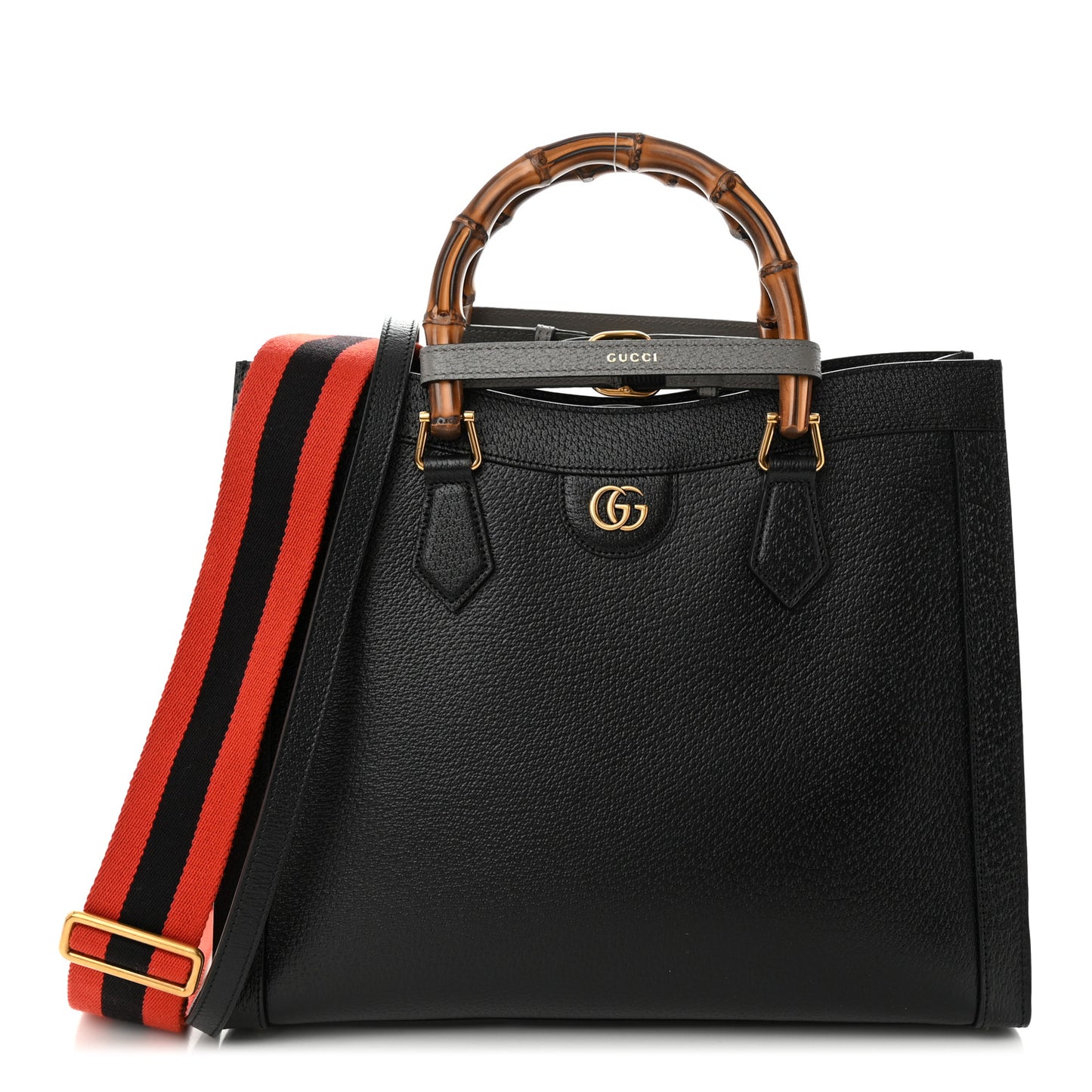 Textured Dollar Calfskin Web Medium Diana Tote Bag Black Dusty Grey
