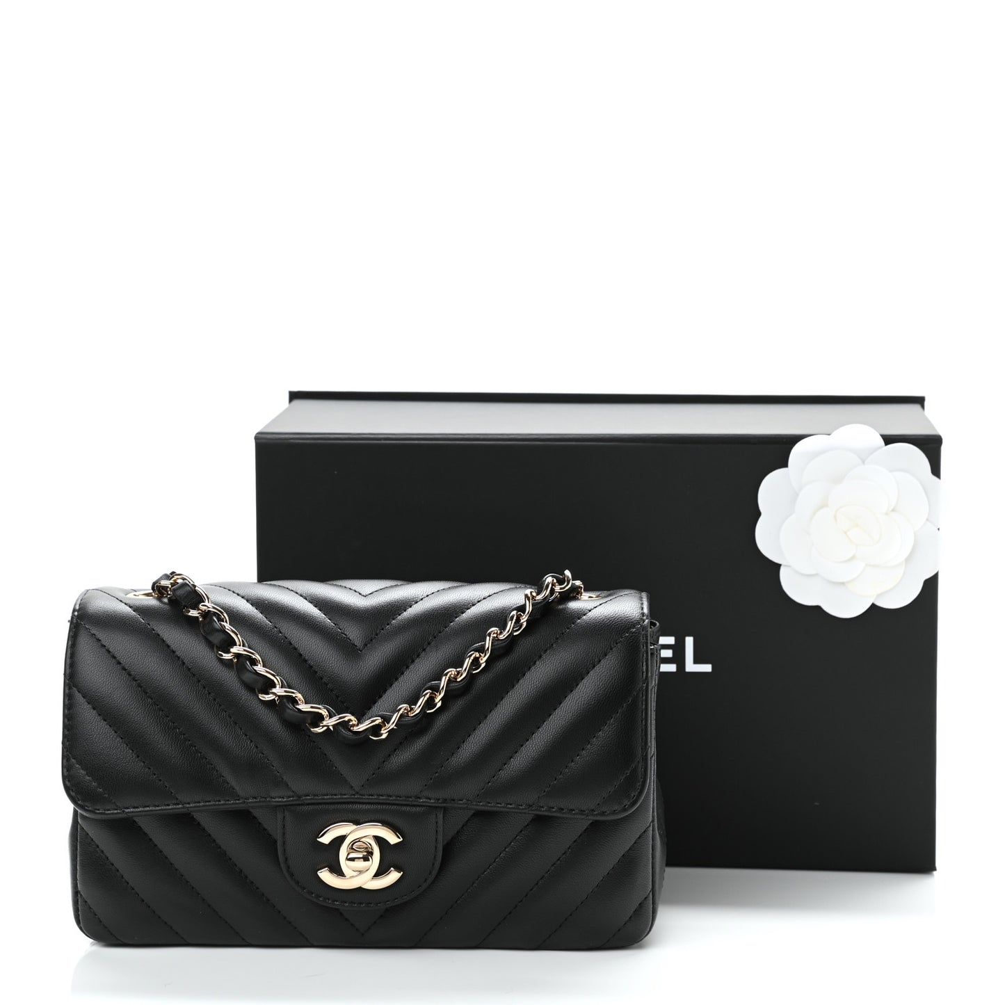 Lambskin Chevron Quilted Mini Rectangular Flap Black