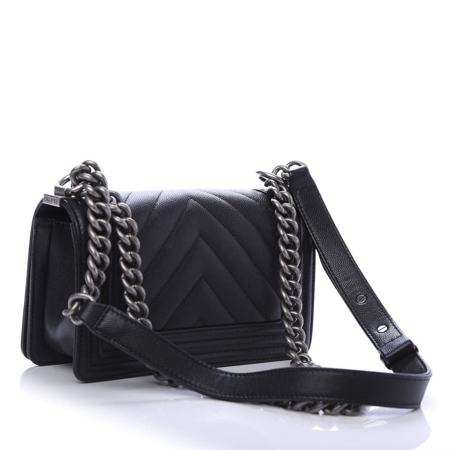 Caviar Chevron Quilted Small Boy Flap Black