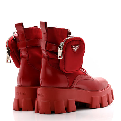 Prada Spazzolato Rois Re-Nylon Metal Triangle Logo Monolith Pouch Pocket 55mm Boots 38 Red 4 of 11