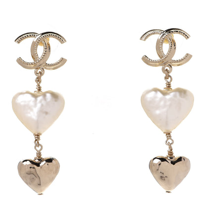 Chanel Pearl CC Double Heart Drop Earrings Gold 1 of 5