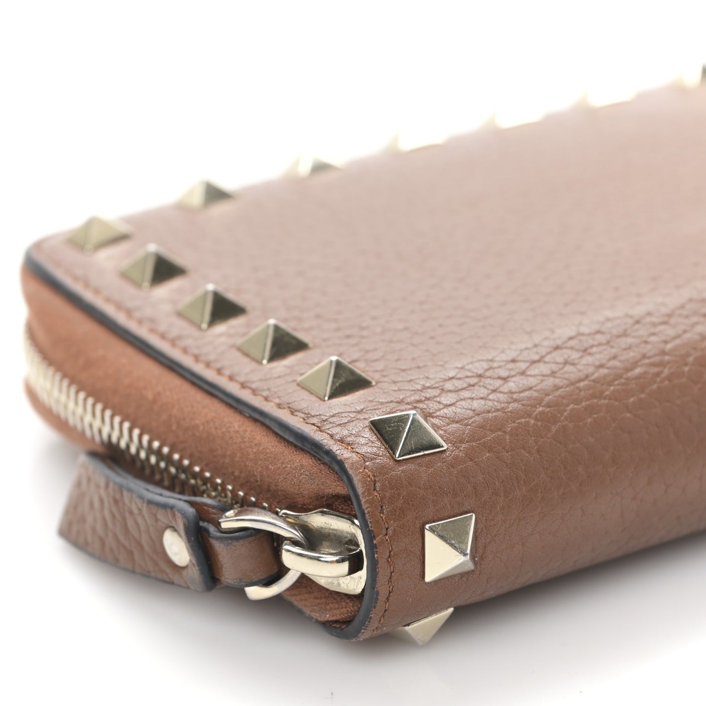 Pebbled Calfskin Rockstud Compact Zip Around Wallet Bright Cognac