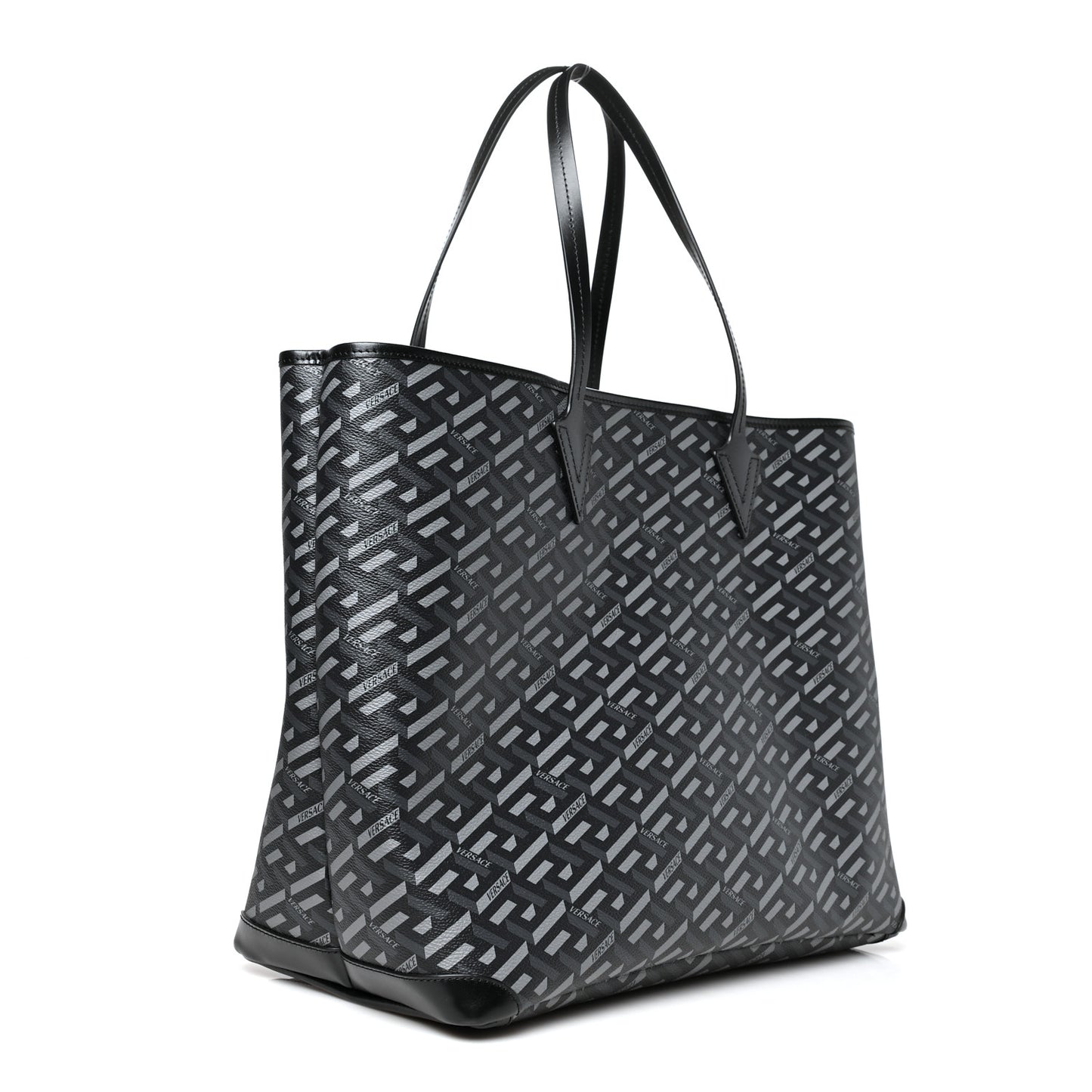 Coated Canvas Calfskin La Greca Signature Shopper Tote Bag Black Grey