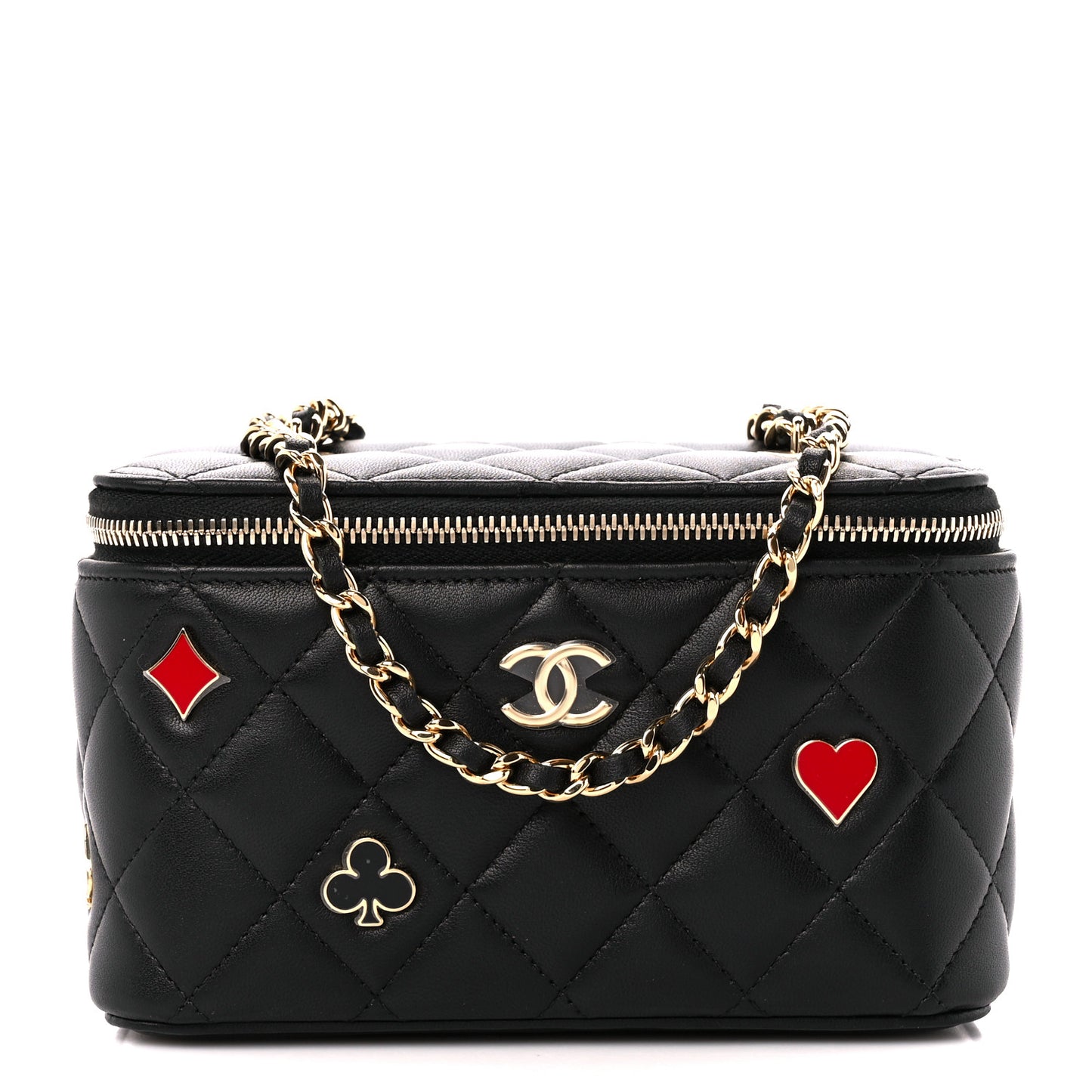 Caviar Quilted Enamel Coco Casino Small Vanity Case With Chain Black
