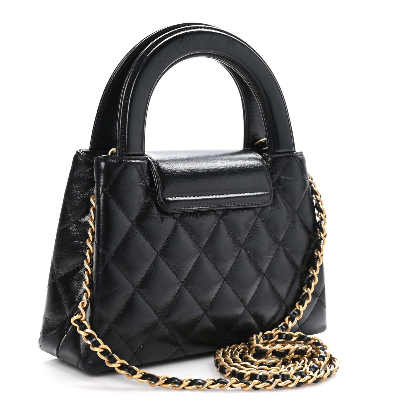 Shiny Aged Calfskin Quilted Nano Kelly Shopper Black