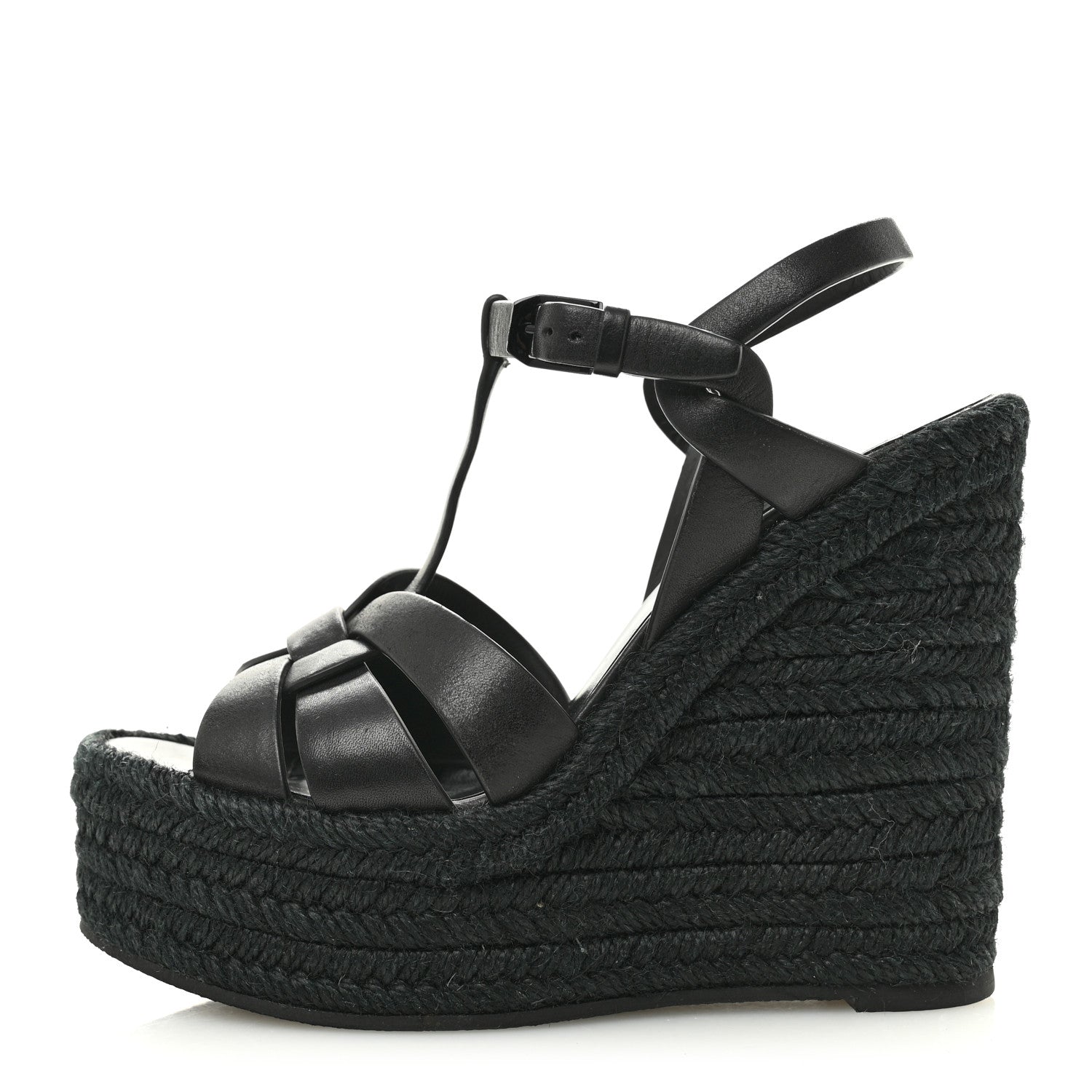 Saint Laurent Calfskin Tribute 95 Platform Espadrille Wedge Sandals 35.5 Black 1 of 13