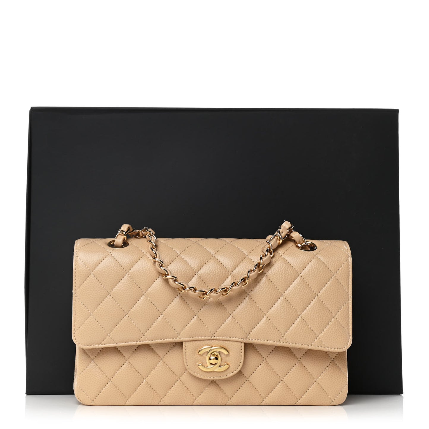 Caviar Quilted Medium Double Flap Beige