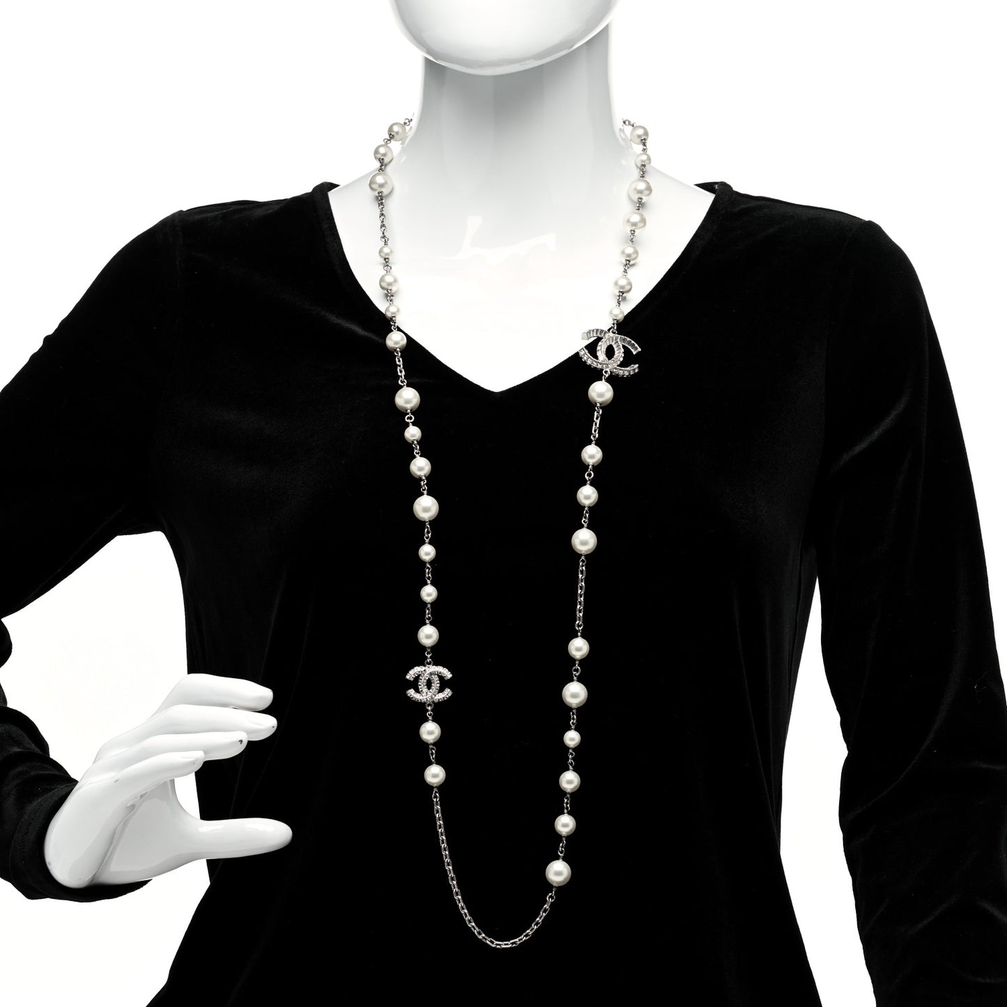 Pearl Baguette Crystal CC Long Necklace Silver