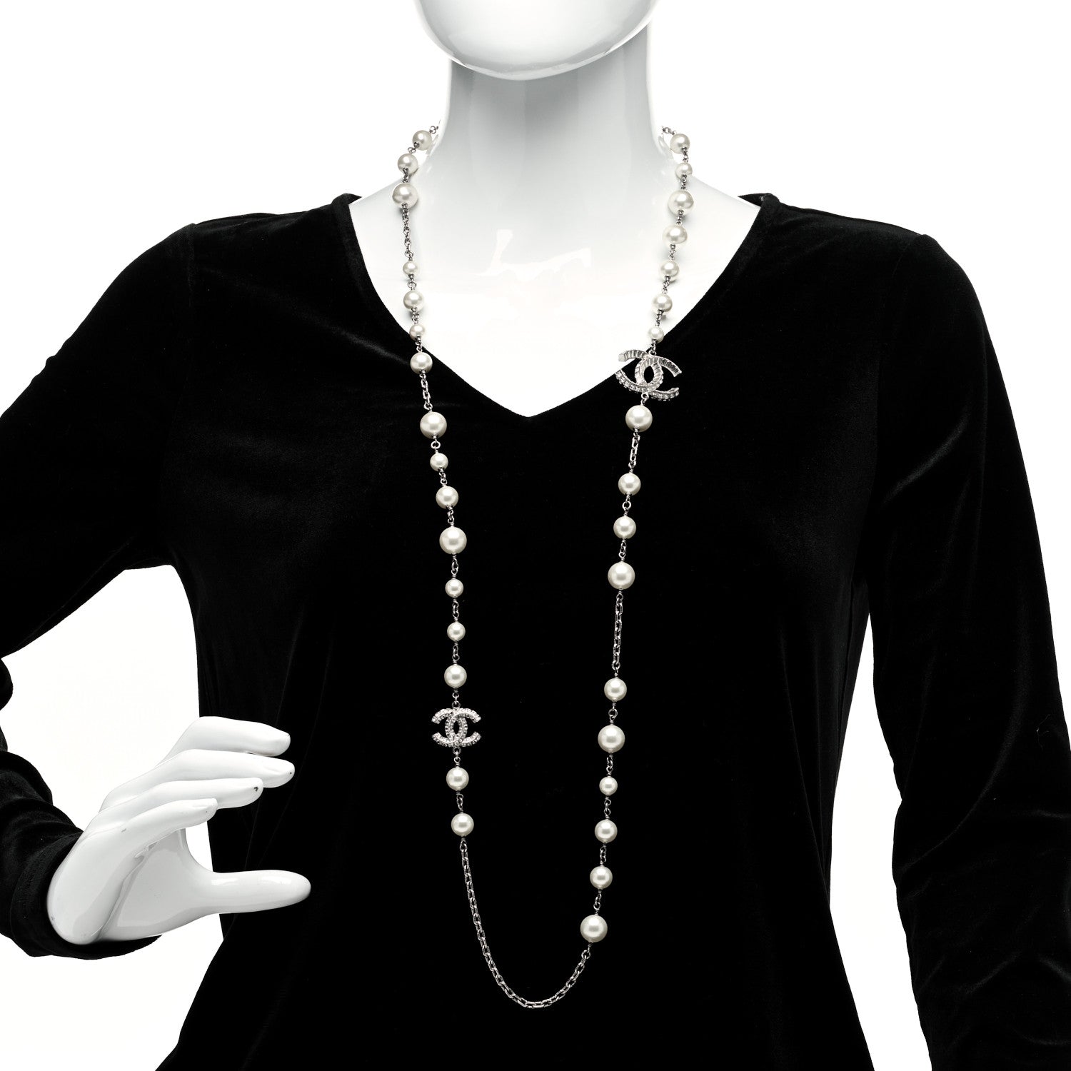 Chanel Pearl Baguette Crystal CC Long Necklace Silver 2 of 6