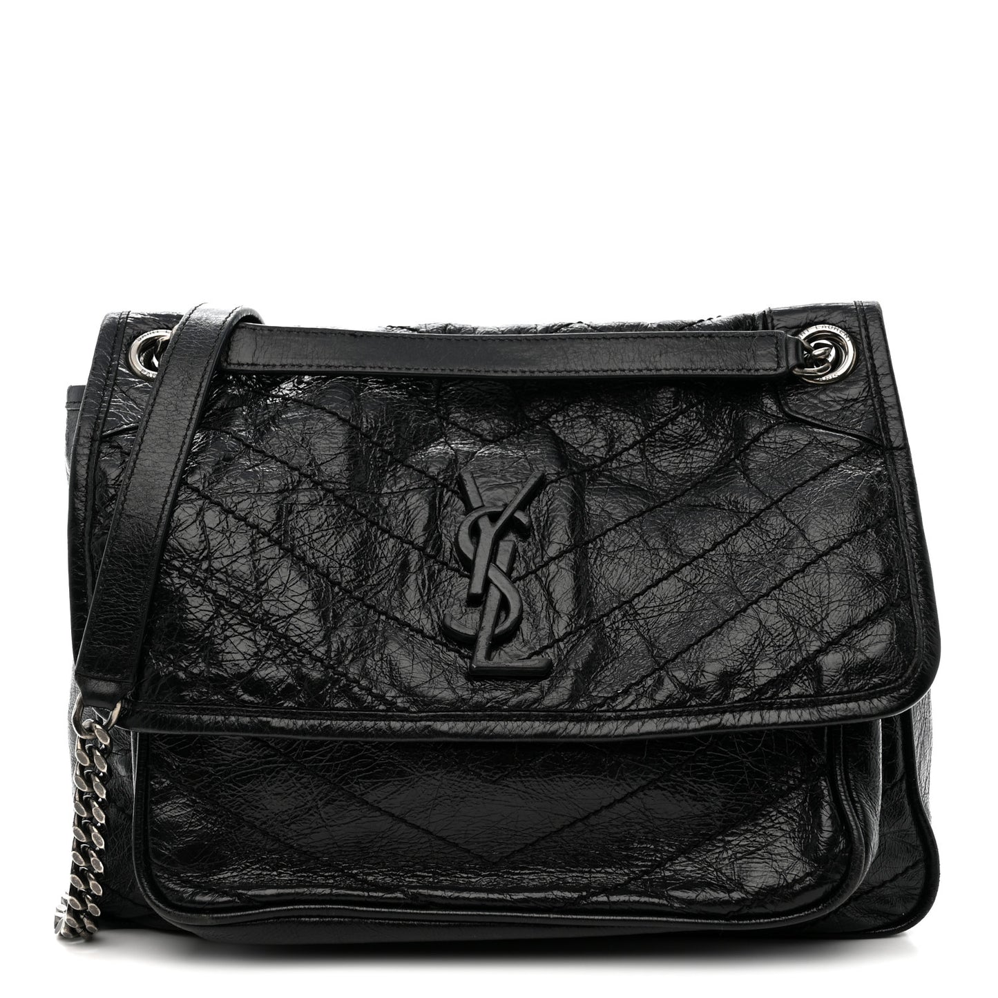 Crinkled Calfskin Matelasse Monogram Medium Niki Chain Satchel Black