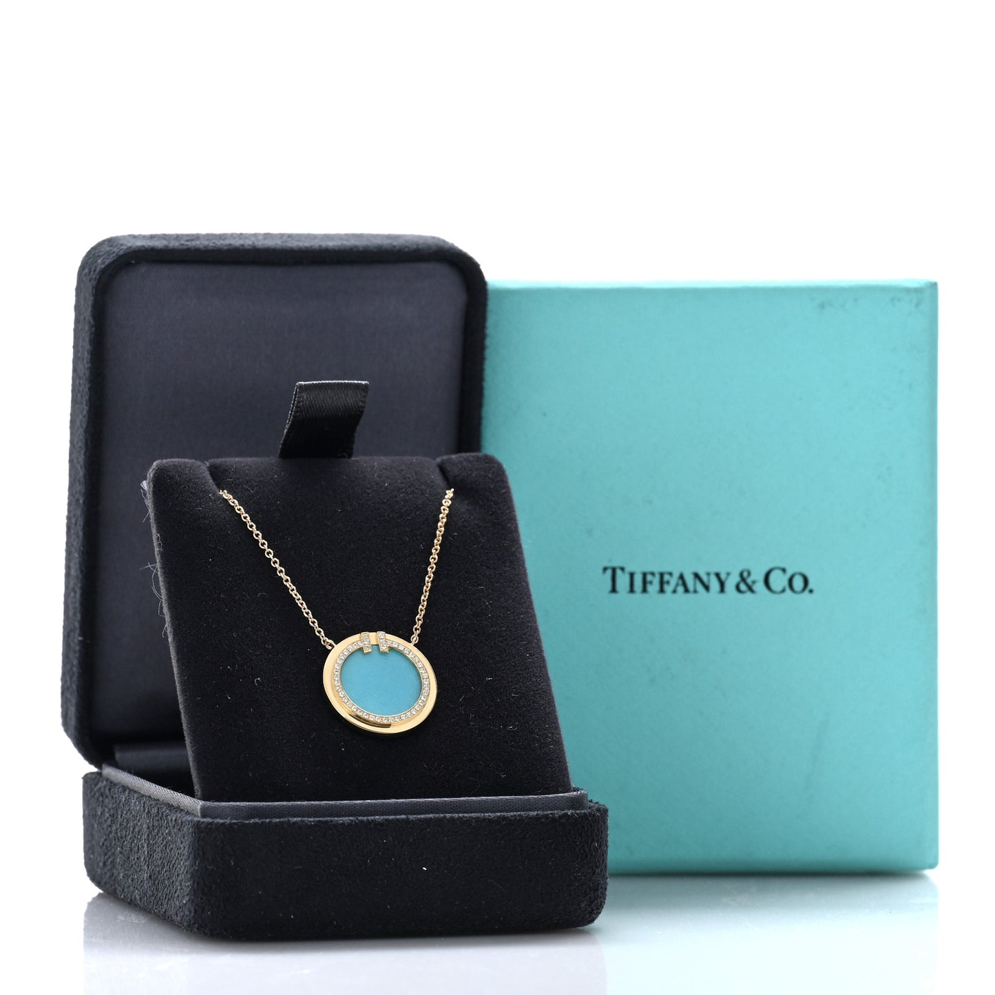 18K Yellow Gold Diamond Turquoise T Circle Pendant Necklace