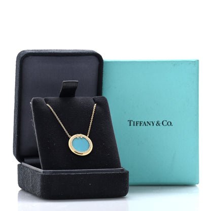 Tiffany 18K Yellow Gold Diamond Turquoise T Circle Pendant Necklace 5 of 5