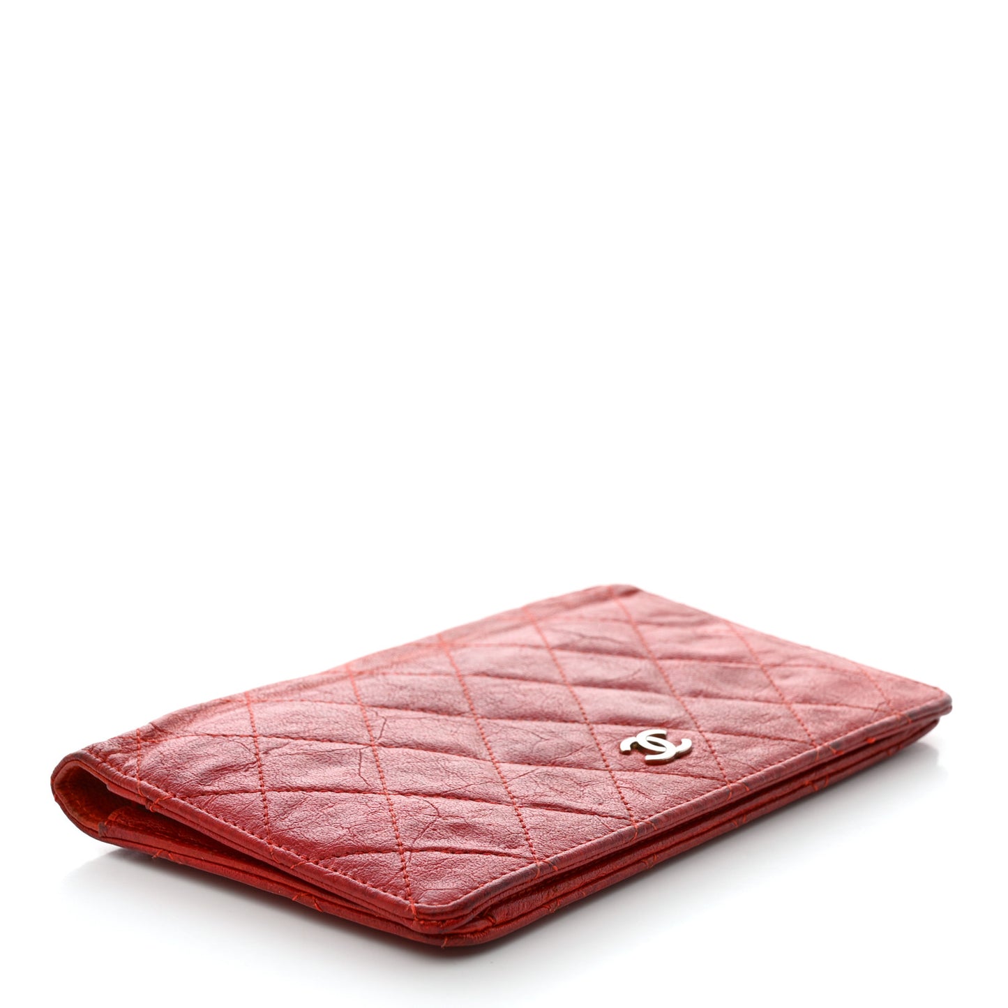 Crinkled Calfskin Quilted Yen Wallet Red