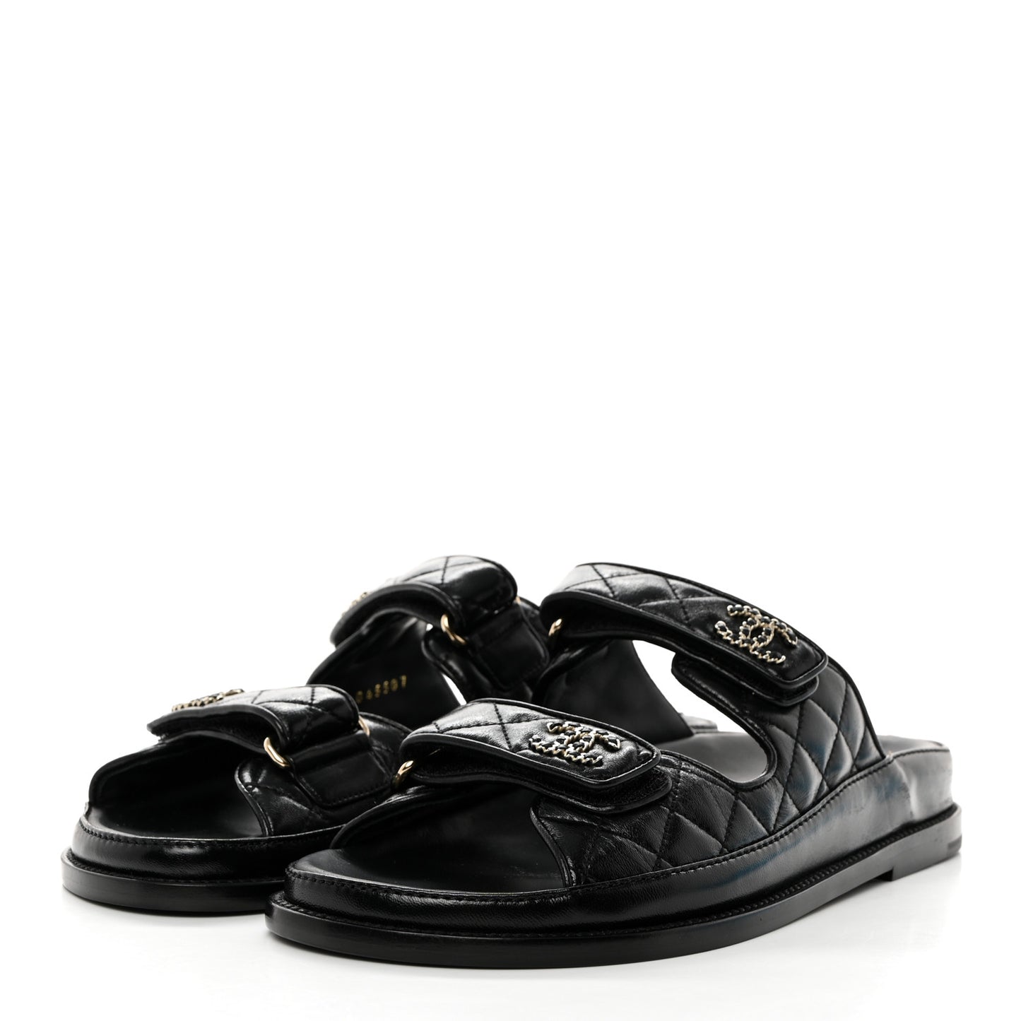 Lambskin Quilted Velcro Dad Chain CC Slide Sandals 38.5 Black