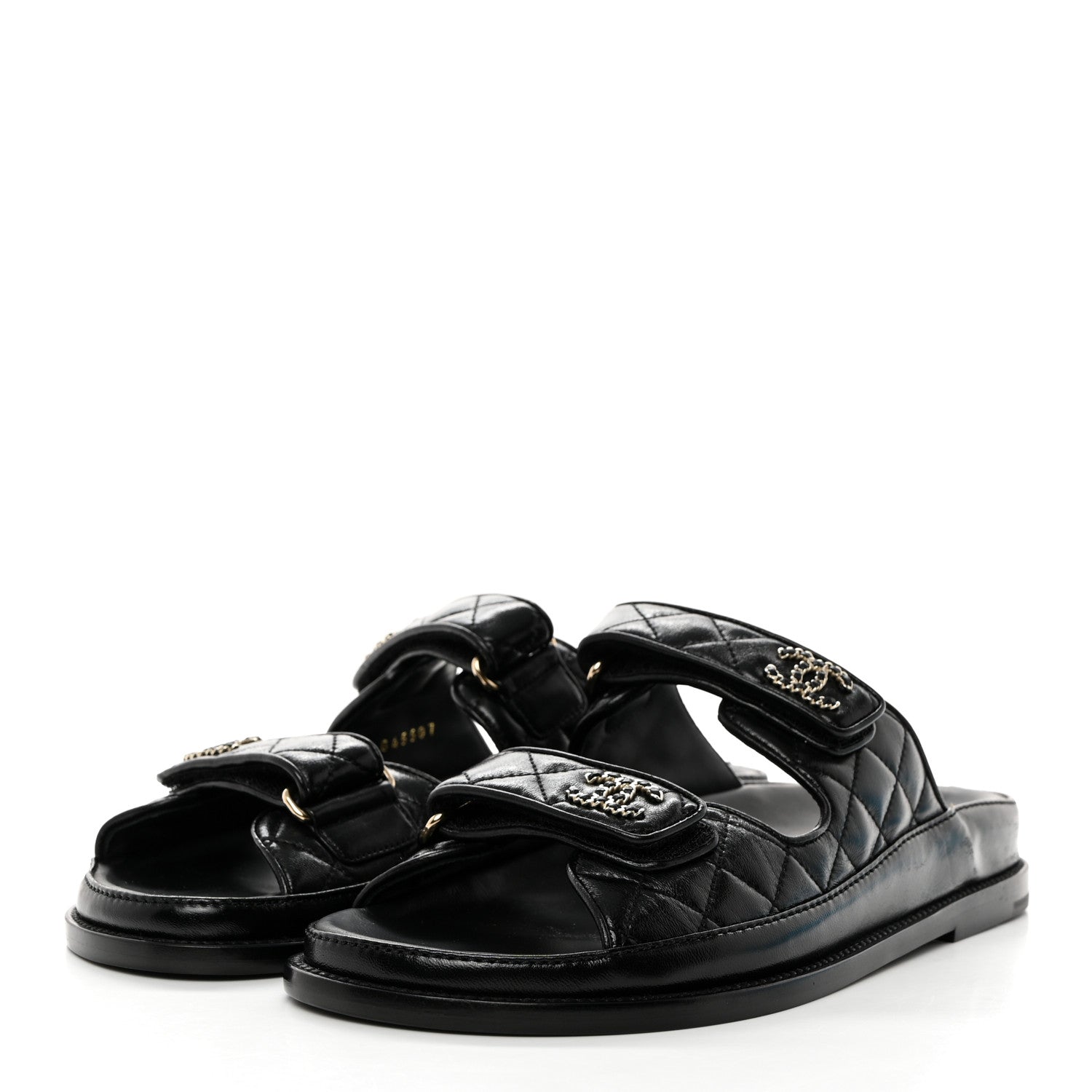 Chanel Lambskin Quilted Velcro Dad Chain CC Slide Sandals 38.5 Black 3 of 9