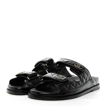 Chanel Lambskin Quilted Velcro Dad Chain CC Slide Sandals 38.5 Black 3 of 9