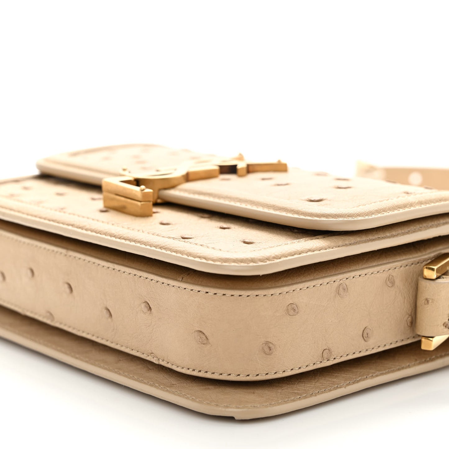 Ostrich Small Solferino Satchel Beige Gold
