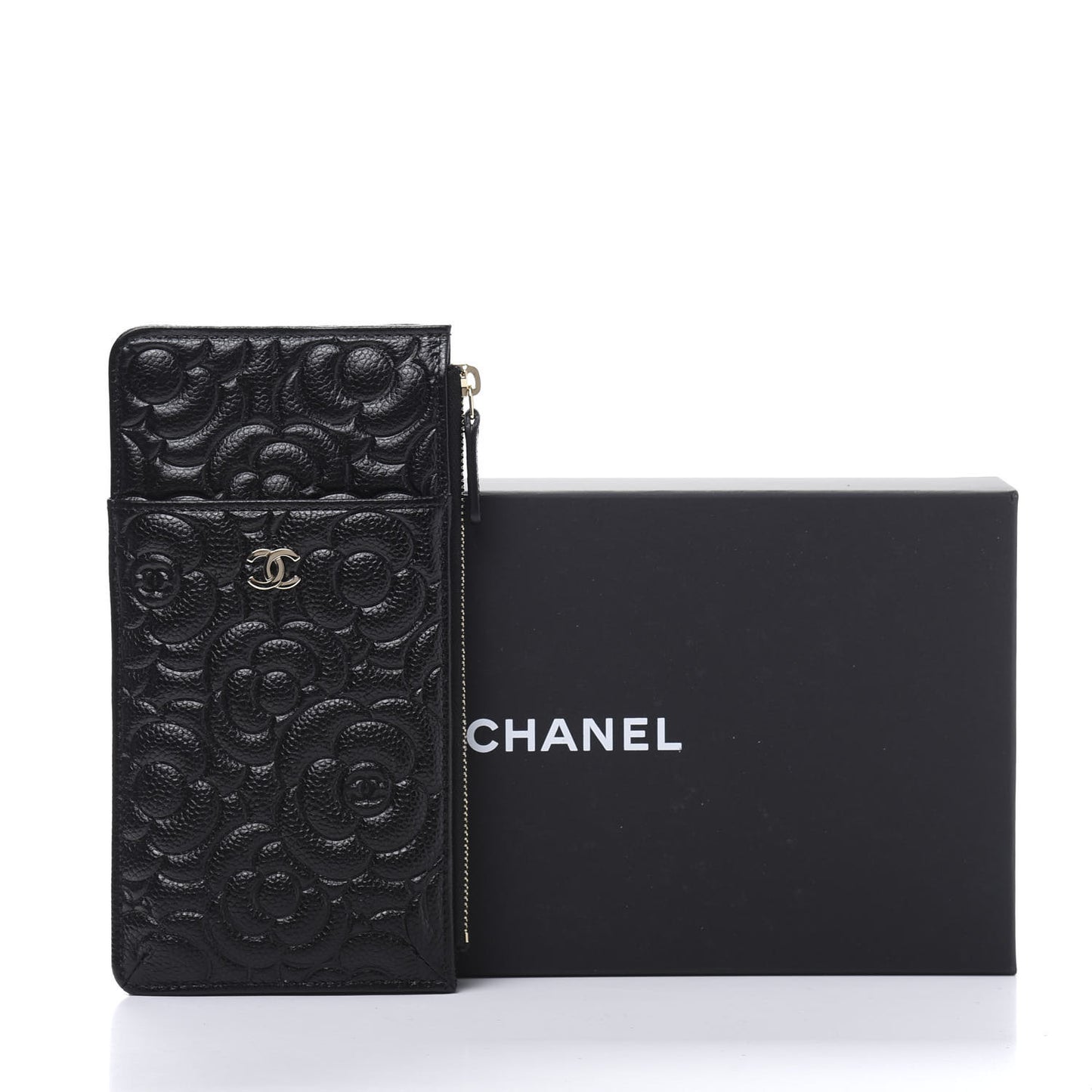 Caviar Camellia Embossed Classic Flat Wallet Pouch Black