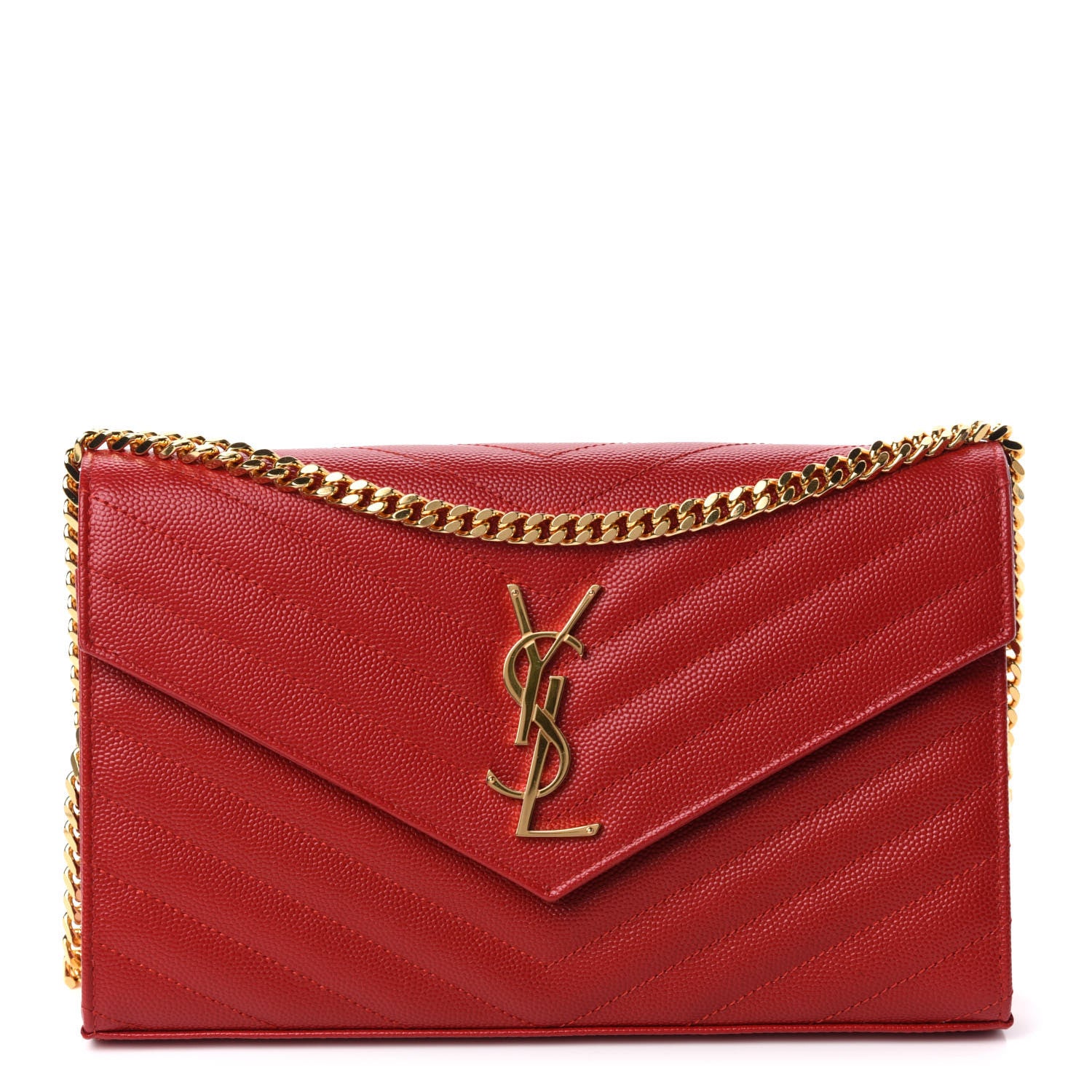 Saint Laurent Grain De Poudre Matelasse Chevron Monogram Chain Wallet Red 1 of 12