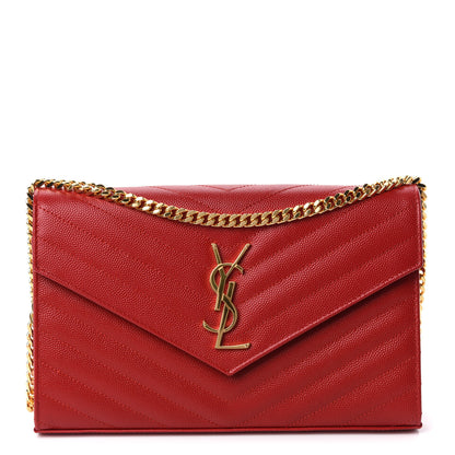Saint Laurent Grain De Poudre Matelasse Chevron Monogram Chain Wallet Red 1 of 12