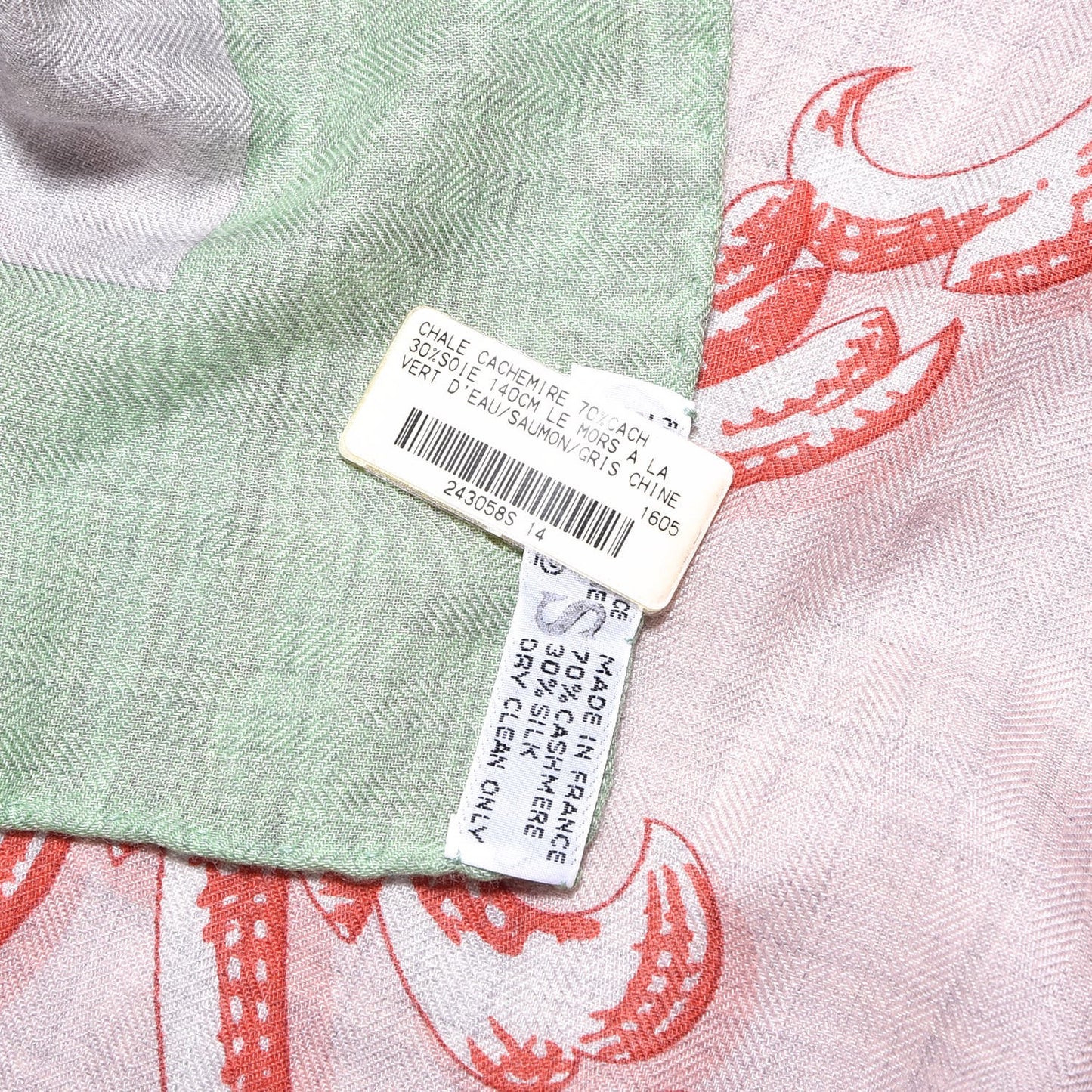 Cashmere Silk Le Mors a La Conetable Shawl 140 Vert d'Eau Saumon Gris Chine