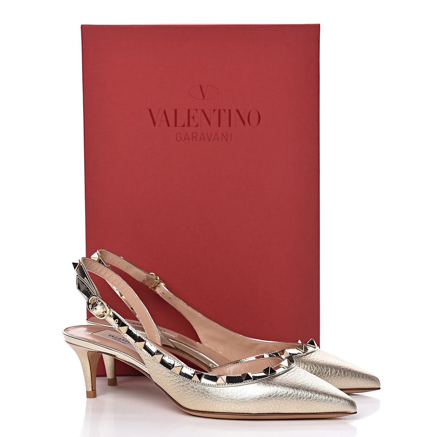 Metallic Pebbled Calfskin Rockstud Half D'Orsay Slingback 50mm Pumps 37 Platino