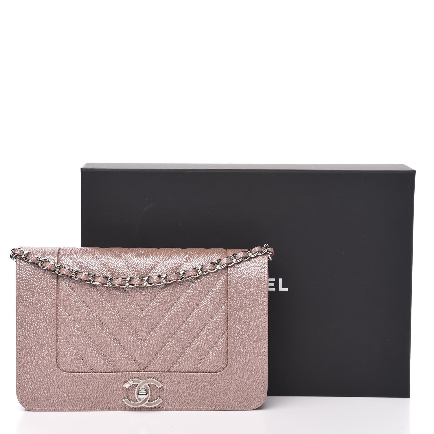 Chanel Metallic Caviar Chevron Quilted Vintage Mademoiselle Wallet On Chain WOC Pink 8 of 8