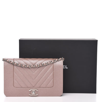 Chanel Metallic Caviar Chevron Quilted Vintage Mademoiselle Wallet On Chain WOC Pink 8 of 8